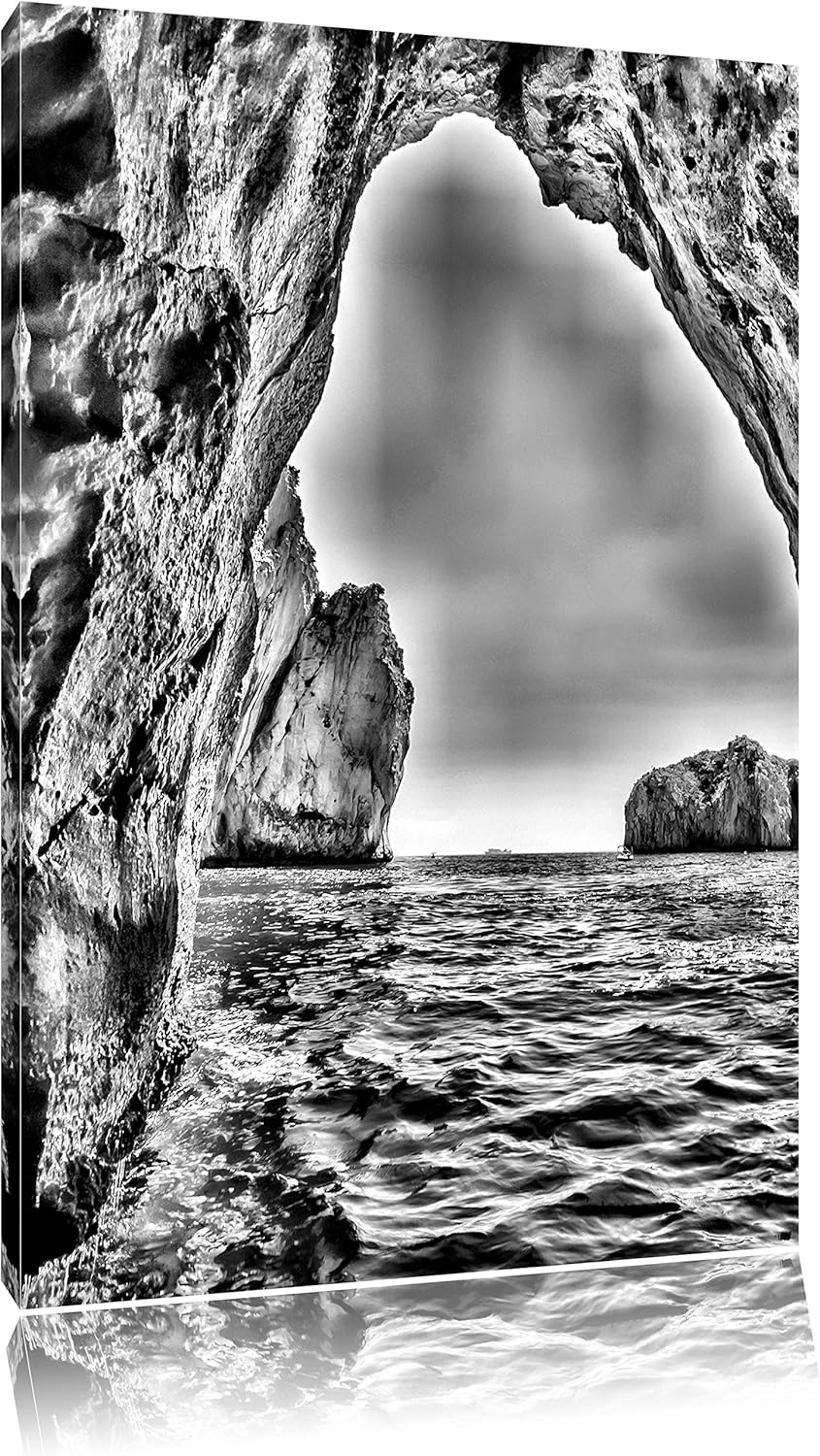 Pixxprint Monocrome, Felstor im Meer, Format: 100x70 auf Leinwand, riesige Bilder fertig gerahmt mit