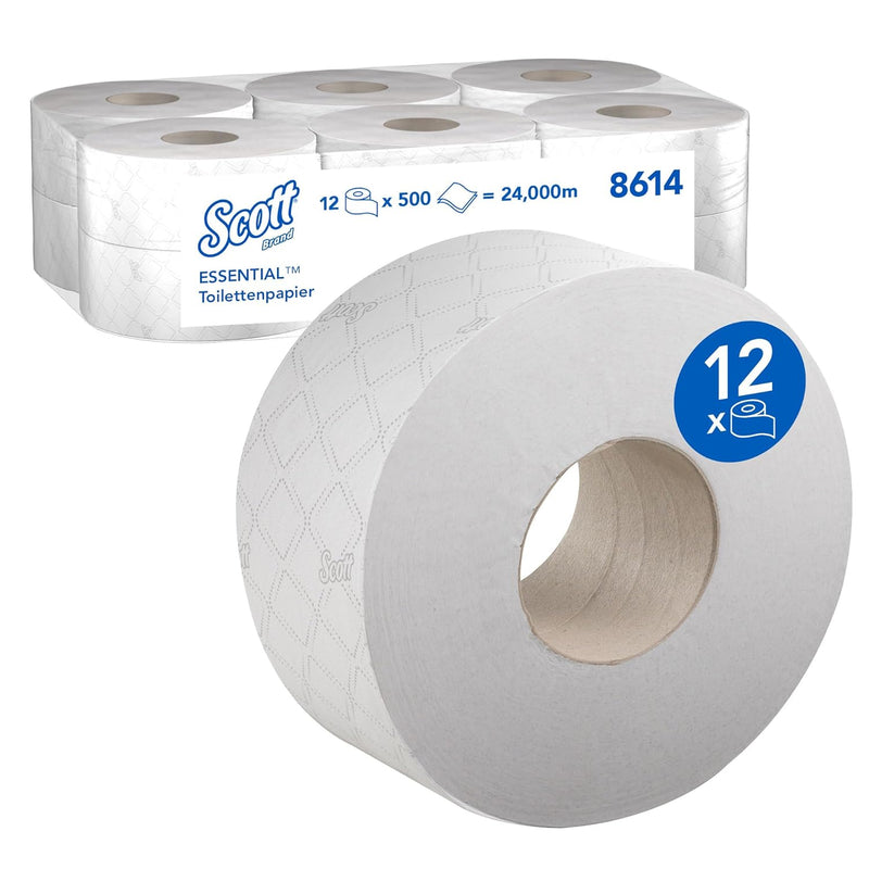 Scott Essential Jumbo Toilettenpapierrollen 8614 – 2-lagiges Toilettenpapier – 12 Rollen mit je 500