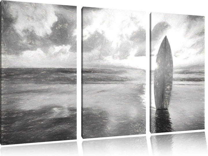 Pixxprint Surfbrett am Strand / 3-Teilig/Gesamtmass 120cm Leinwandbild bespannt auf Holzrahmen/Wandb