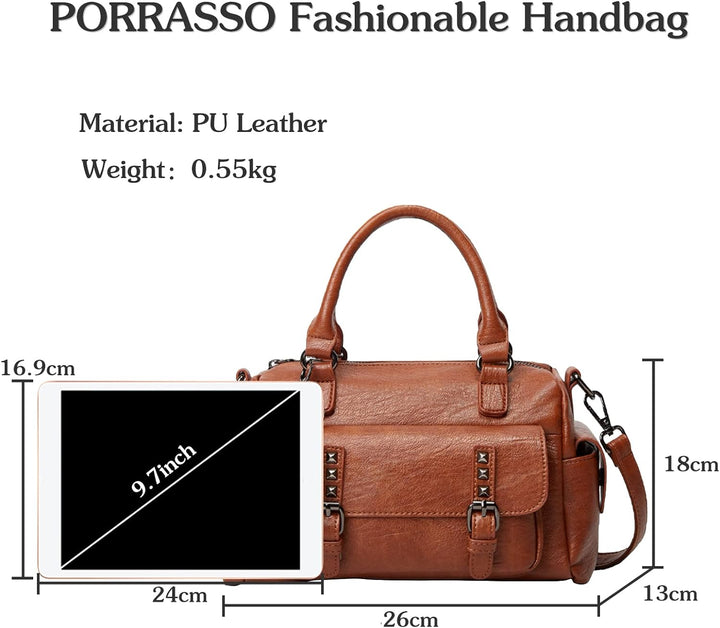 PORRASSO Retro Handtasche Damen Umhängetaschen Frauen Schultertaschen mit Anhänger Wasserdicht PU-Le