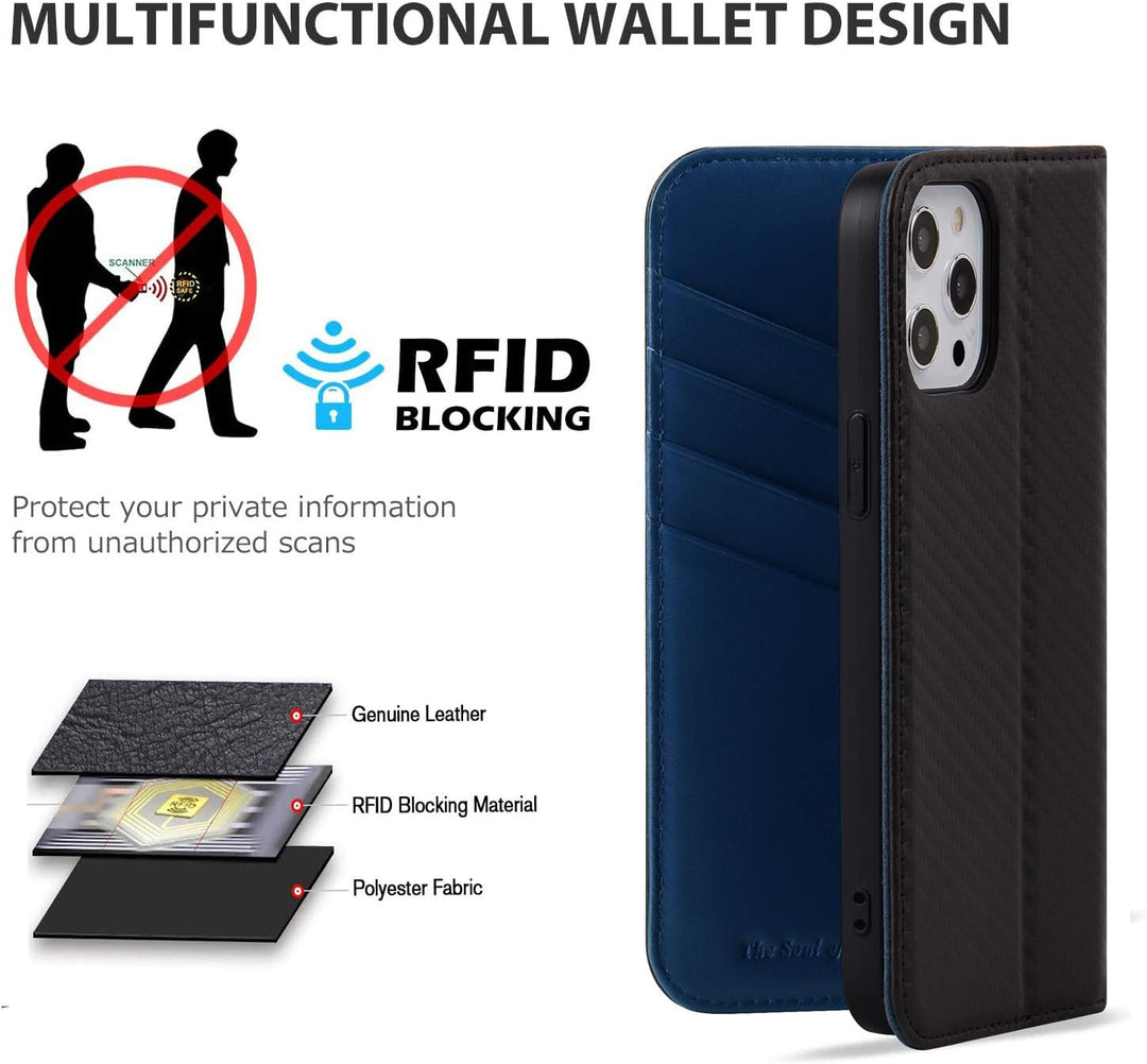 VISOUL iPhone 13 Pro Hülle, Handyhülle [100% Karbonfaser-Leder] [RFID Schutz] [Schützt vor Stoss] [S