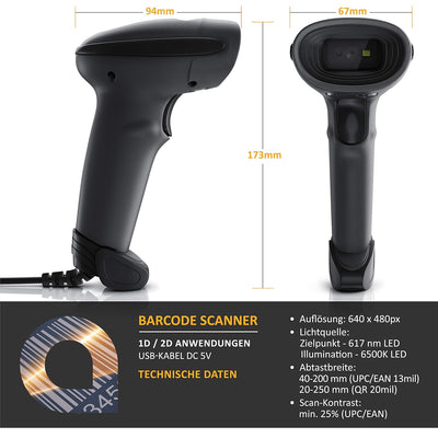 CSL - QR Barcode Scanner - kabelgebunden - automatisches präzises Scannen - 2D Single und Multi Scan