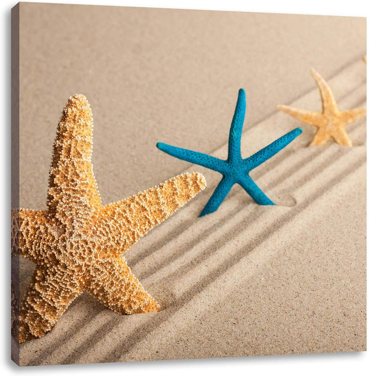 Seesterne im Sand, Format: 70x70 auf Leinwand, XXL riesige Bilder fertig gerahmt mit Keilrahmen, Kun