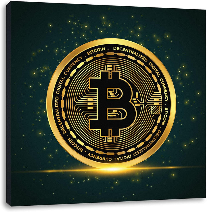 Pixxprint funkelnder Bitcoin BTC als Leinwandbild Quadratisch| Grösse: 60x60 cm | Wandbild | Kunstdr