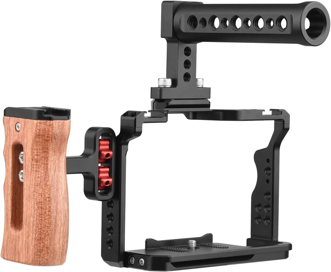 Andoer Andoer Camera Video Cage + Handle + Side Wooden Grip Kit Aluminiumlegierung mit Dual Cold Sho