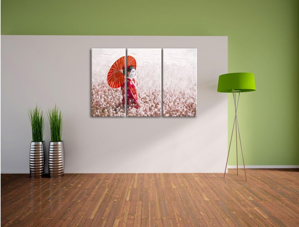 Pixxprint Geisha auf dem Feld Kunst als Leinwandbild/Grösse: 3 Teilig (120x80) cm/Wandbild/Kunstdruc