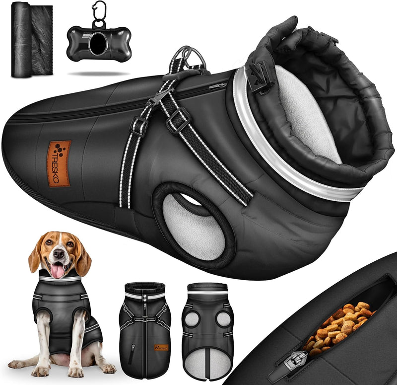 TRESKO® Hundejacke Winter mit Reflektoren inkl. 15 Stück Kotbeutel + Spender | Hunderegenmantel wass