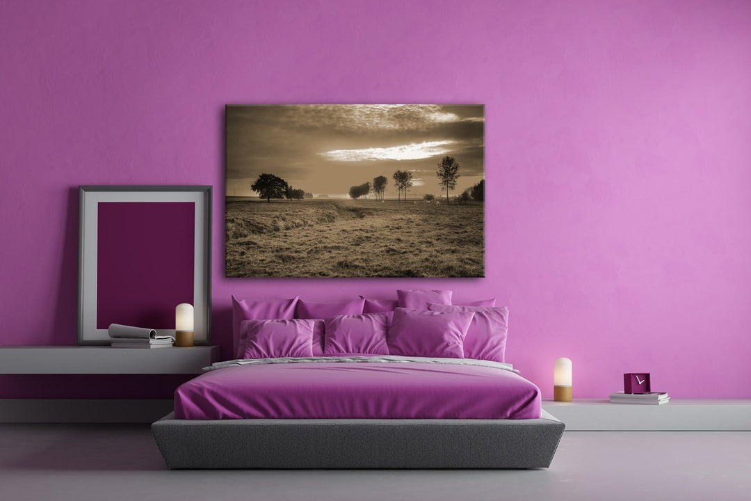 Sonnenaufgang auf den Wiesen Format: 100x70 Effekt: Sepia als Leinwand, Motiv fertig gerahmt auf Ech