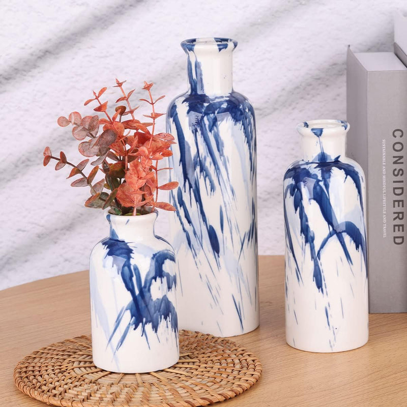 Blaue Keramikvase, 3er-Set – dekorative marineblaue und weisse Vase für Tafelaufsätze, Bauernhaus- u