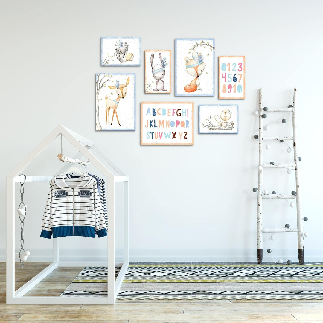 Novart Wandbilder Indianer Tiere - KOMPLETT AUFHÄNGFERTIG - Blau Kinderzimmer Mädchen Junge- 7 Moder