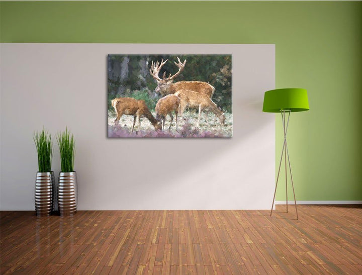 Hirschfamilie auf Waldlichtung NewArt Format: 100x70 cm auf Leinwand, XXL riesige Bilder fertig gera