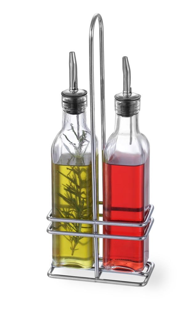 HENDI Menage Essig und Öl, Gestell aus verchromten Stahl, 2 Öl-/Essig Flaschen aus Glas mit Edelstah