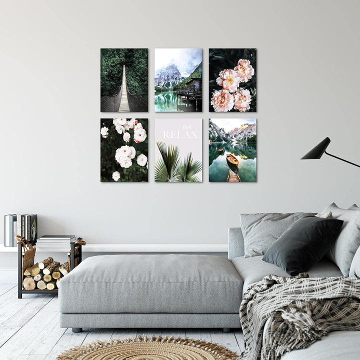 Novart Set Wandbilder - KEIN EXTRA RAMEN BENÖTIGT - Wohnzimmer Schlafzimmer - Bilder Modern See Berg