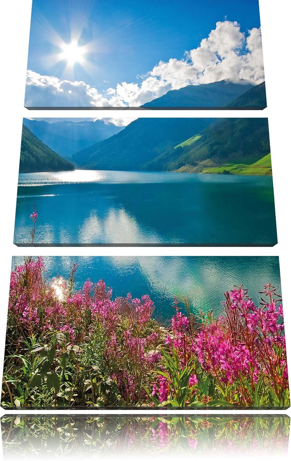 Pixxprint Blumenwiese See als Leinwandbild - Grösse: 3-Teilig (120x80cm) - Wandbild - Kunstdruck - f