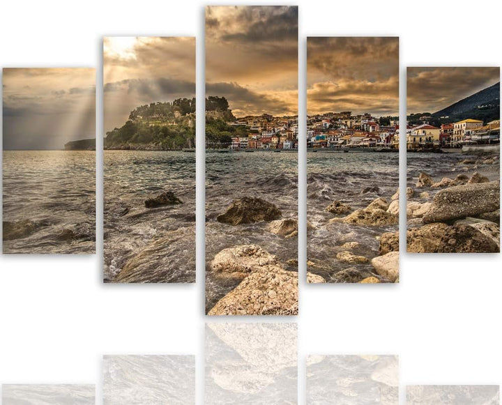 Feeby Leinwandbild Landschaft 5 TLG Bild Kunstdruck See Städtchen braun 250x120 cm Leinwandbild 250x