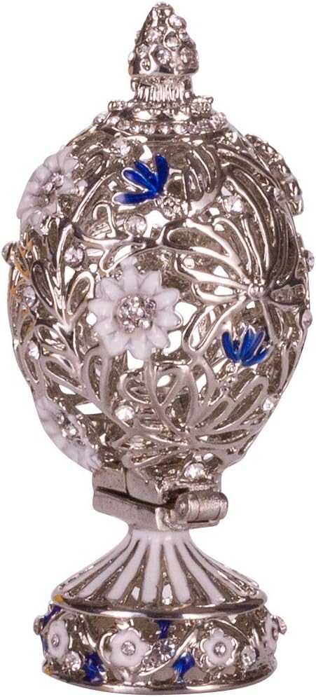 Fabergé-Stil geschnitzt Ei mit Blumen & Schmetterling 7 cm Silberne Farbe