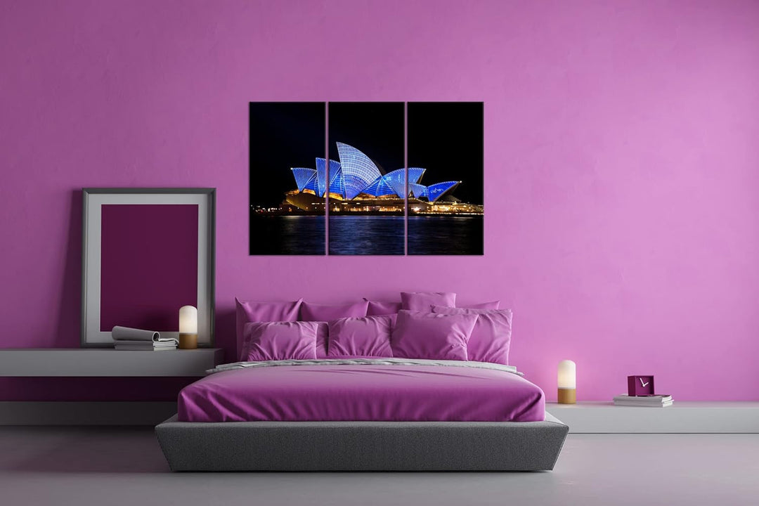 deyoli Dark Opera House in Sydney Format: 3-teilig 120x80 als Leinwandbild, Motiv fertig gerahmt auf