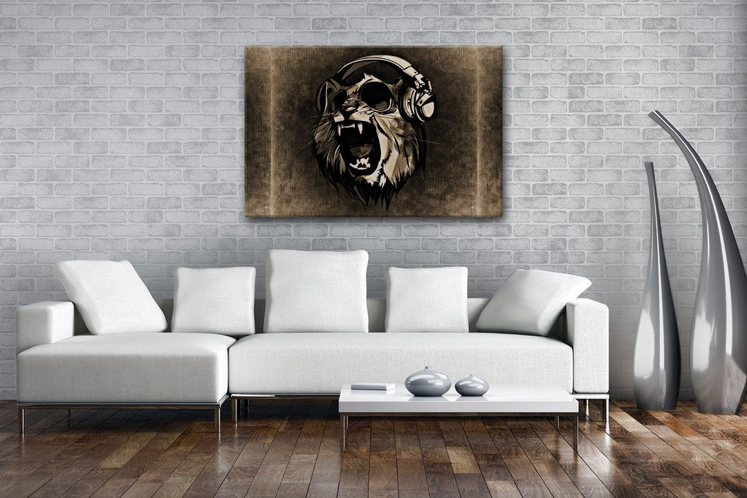 deyoli brüllender Tiger mit Kopfhörern Format: 80x60 Effekt: Sepia als Leinwandbild, Motiv fertig ge