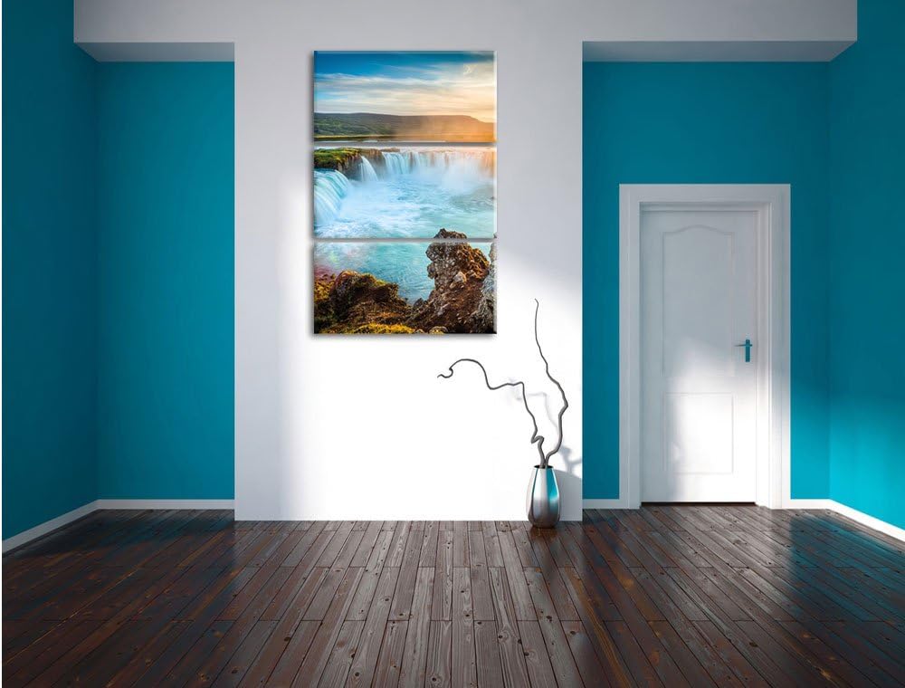Pixxprint Wasserfall im Sonnenschein 3-Teiler Leinwandbild 120x80 Bild auf Leinwand