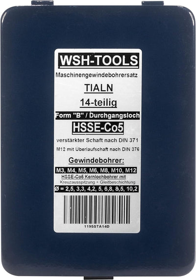 WSH-TOOLS Maschinengewindebohrer Set Durchgangsloch M3, M4, M5, M6, M8, M10, M12 HSSE-Co5 Metallkass