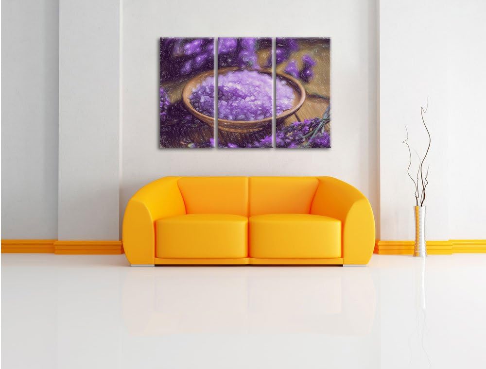 Pixxprint Violettes Badesalz auf Holzuntergrund Kunst Buntstift Effekt 3-Teiler Leinwandbild 120x80