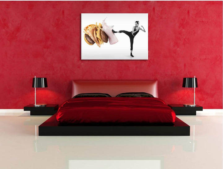 Pixxprint Starke Frau kickt gegen Fastfood Schwarz/Weiss, Format: 100x70 auf Leinwand, riesige Bilde