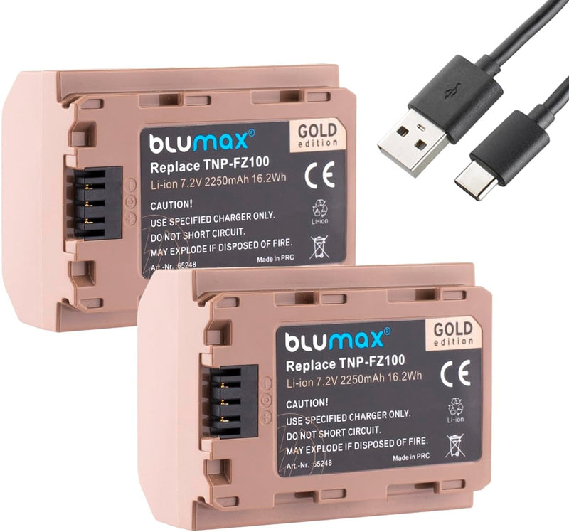 2X Blumax Gold Akku ersetzt Sony NP-FZ100 (2250mAh) mit USB Typ-C Ladebuchse - NTC-Sensor & V1-Gehäu