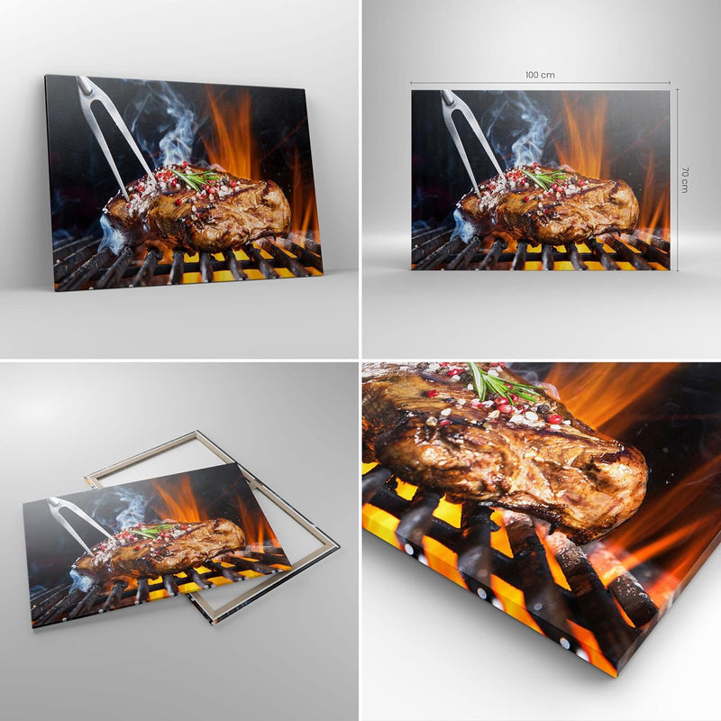 Bilder auf Leinwand 100x70cm Leinwandbild Steak Grill Flammen Essen Gross Wanddeko Bild Schlafzimmer