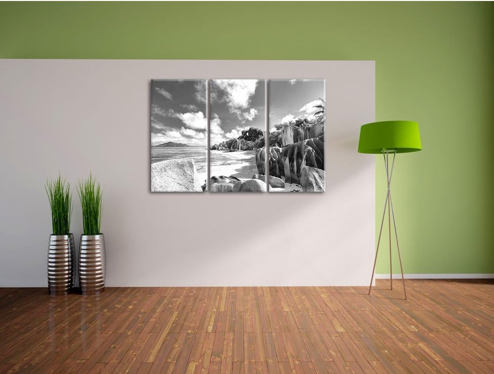 Pixxprint Seychellen Strand Kunst B&W 3-Teiler Leinwandbild 120x80 Bild auf Leinwand, riesige Bilder