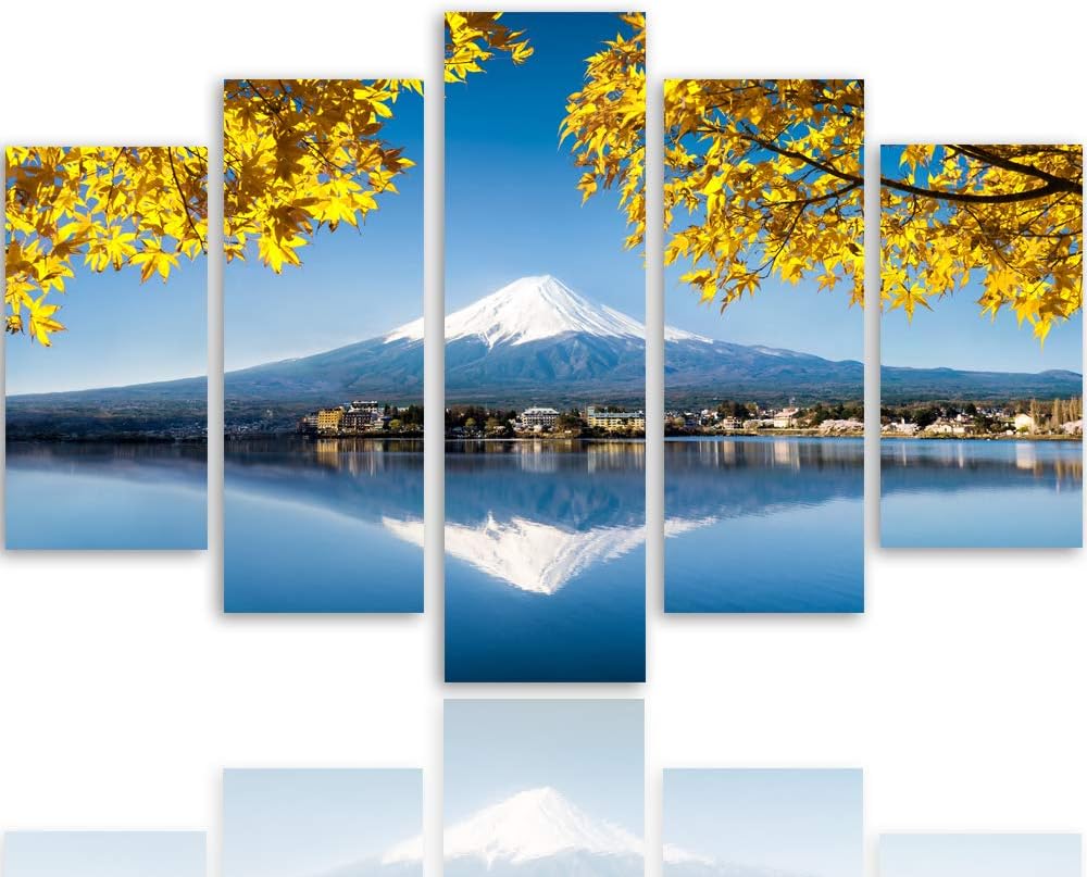 Feeby Bilder Berg 100x70 cm - Leinwandbild - 5 Teilig - Kunstdruck See Blätter gelb Leinwandbild 100