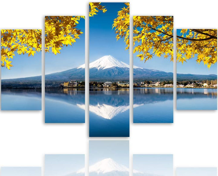 Feeby Bilder Berg 100x70 cm - Leinwandbild - 5 Teilig - Kunstdruck See Blätter gelb Leinwandbild 100
