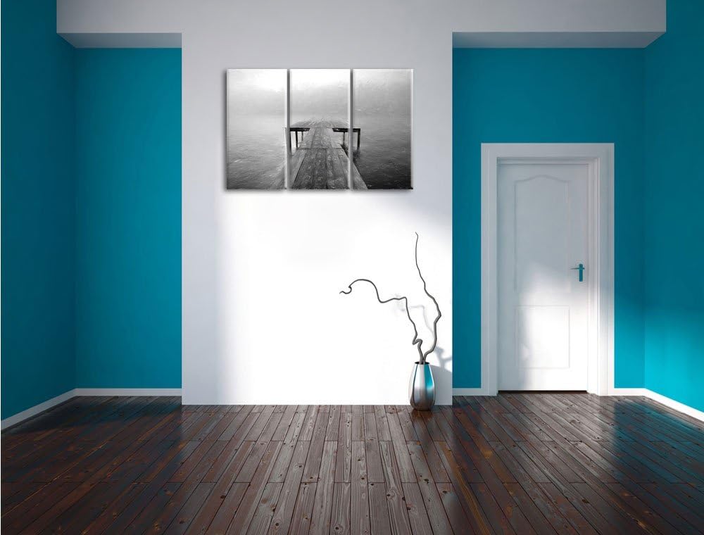 Pixxprint Steg am See im Nebel Kohle Effekt 3-Teiler Leinwandbild 120x80 Bild auf Leinwand