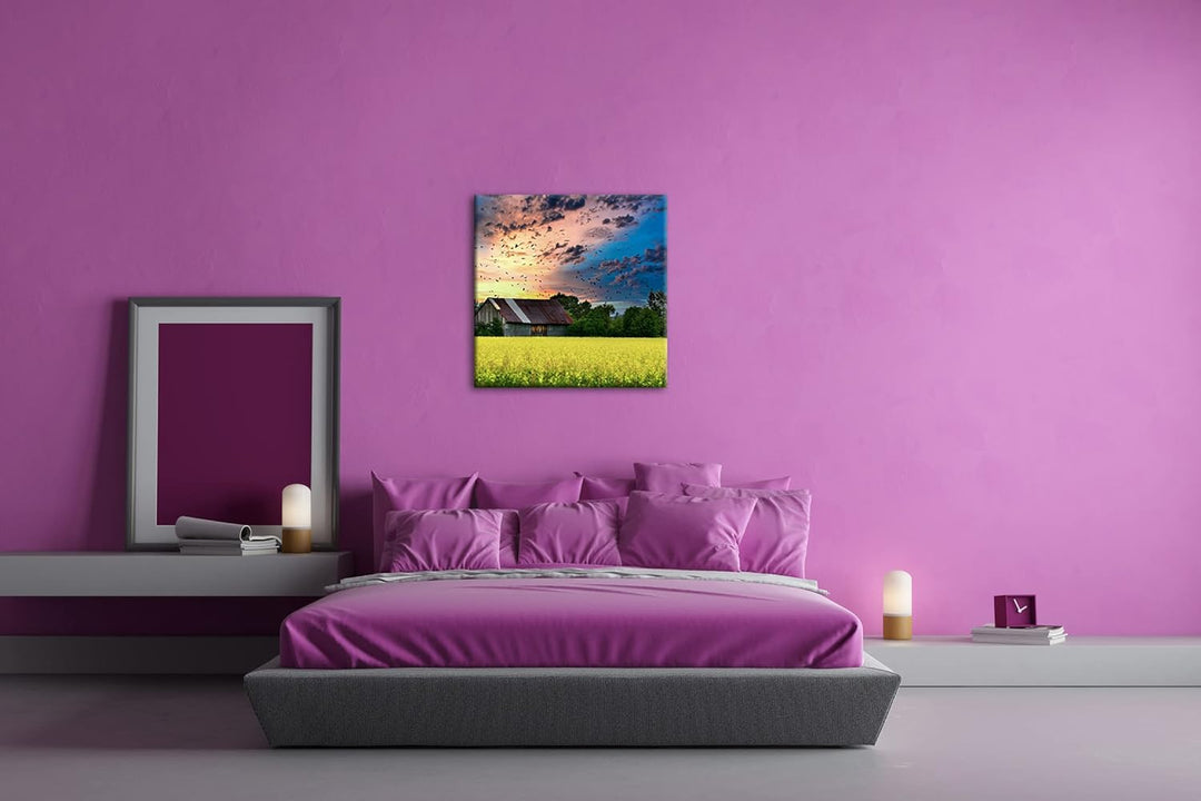 Scheune am blühendem Feld Format: 60x60 als Leinwandbild, Motiv fertig gerahmt auf Echtholzrahmen, H