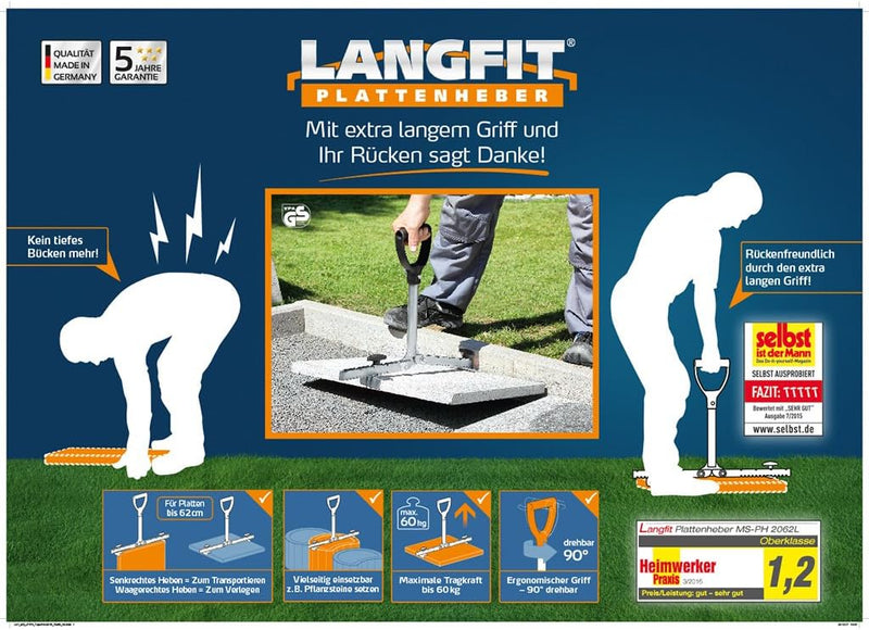 LANGFIT® Plattenheber - Rückenfreundlich durch extra langen Griff - 30 bis 62cm - Schonend für Rücke