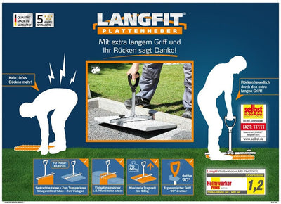 LANGFIT® Plattenheber - Rückenfreundlich durch extra langen Griff - 30 bis 50cm - Schonend für Rücke