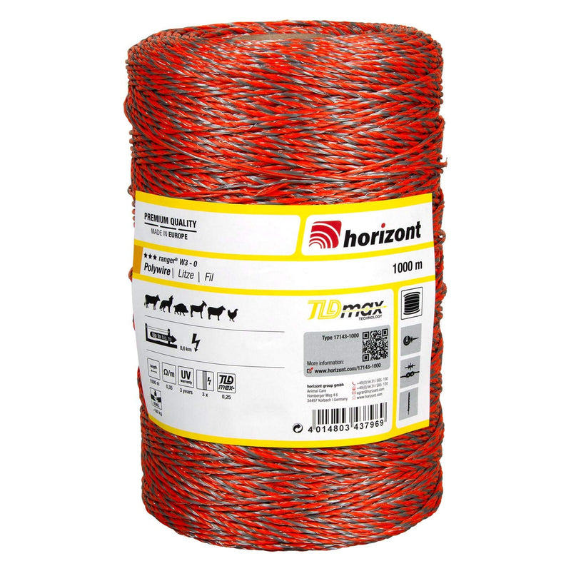 horizont Weidezaunlitze ranger® W3-O, 1000 m lang, orange, 3x 0,25 mm TBmax-Leiter, 160 kg Bruchlast