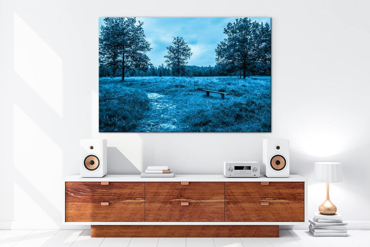 deyoli einsame Bank im Wald Format: 80x60 Effekt: Monocrome Blau als Leinwand, Motiv fertig gerahmt