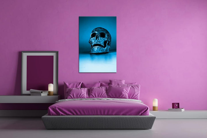 deyoli goldener Schädel Format 80x60 Effekt: Monocrome Blau als Leinwandbild, Motiv fertig gerahmt a
