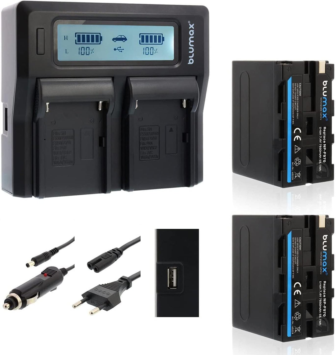 2X Blumax Akku NP-F970 / NP-F960 LG Zellen 7850mAh + Doppelladegerät Dual Ladegerät | kompatibel mit