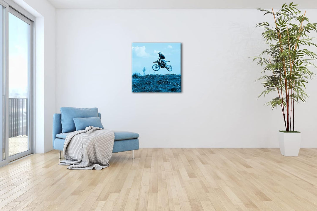 deyoli Motocross Fahrer im Sprung Format: 70x70 Effekt: Monocrome Blau als Leinwandbild, Motiv ferti