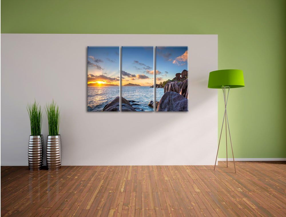 Pixxprint Sonnenuntergang Seychellen als Leinwandbild | Grösse: 3 Teilig (120x80) | Wandbild| Kunstd