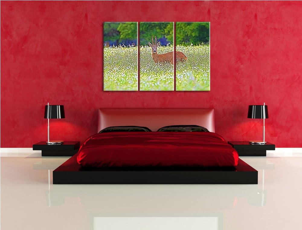 junger Hirsch auf Wildwiese NewArt 3-Teiler Leinwandbild 120x80 Bild auf Leinwand, XXL riesige Bilde