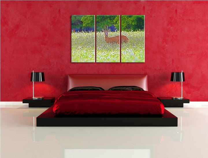 junger Hirsch auf Wildwiese NewArt 3-Teiler Leinwandbild 120x80 Bild auf Leinwand, XXL riesige Bilde