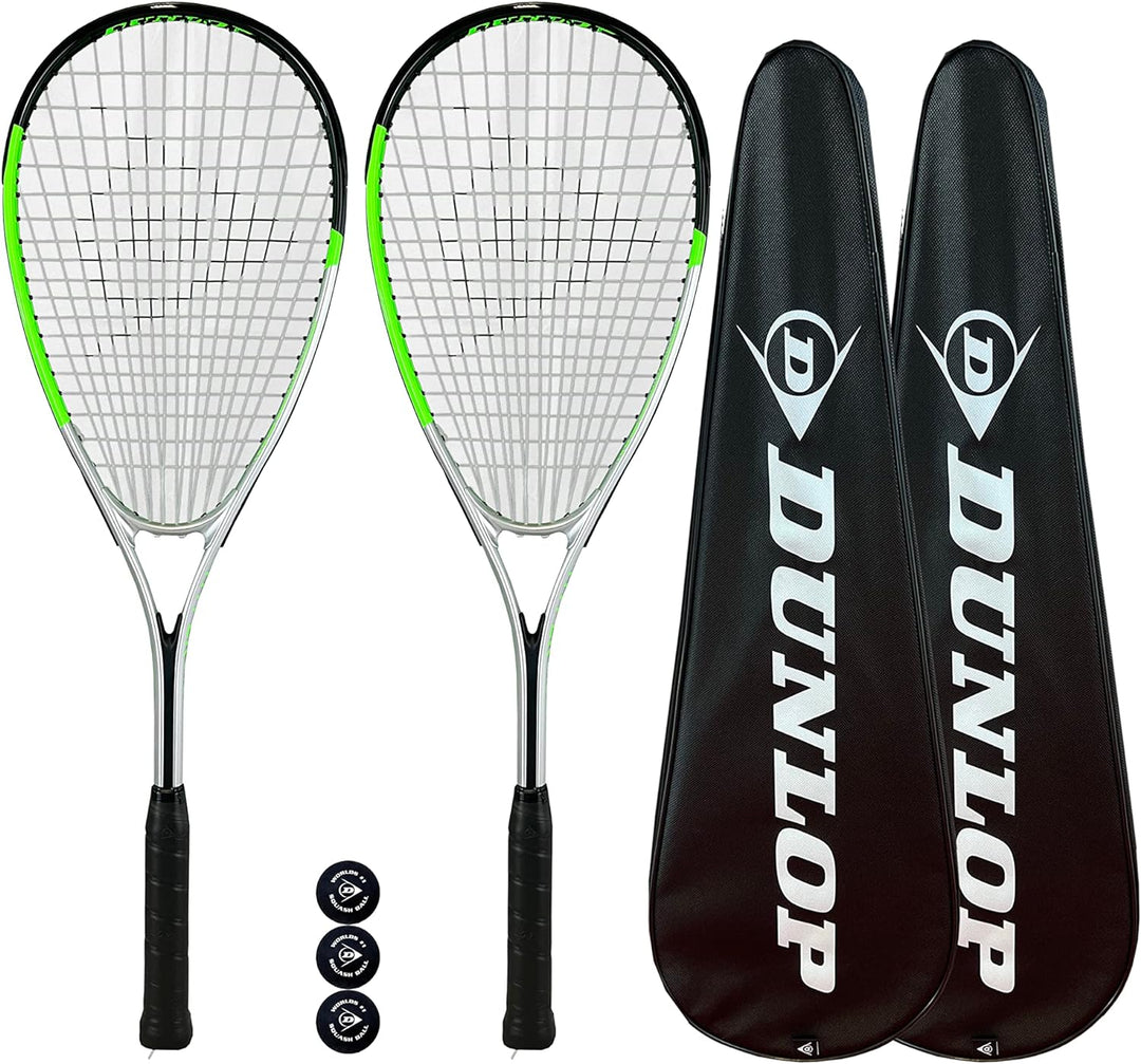 Dunlop Hyper Lite Max Squashschläger, Doppelpack, inkl. Schutzhüllen und 3 Squashbälle, 2 Stück