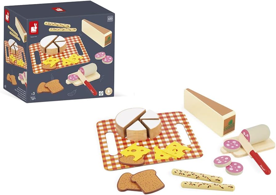 Janod - Meine Erste Brotzeit - Rollenspielzeug Küche und Essgeschirr - 20 Elemente aus Holz, Pappe u