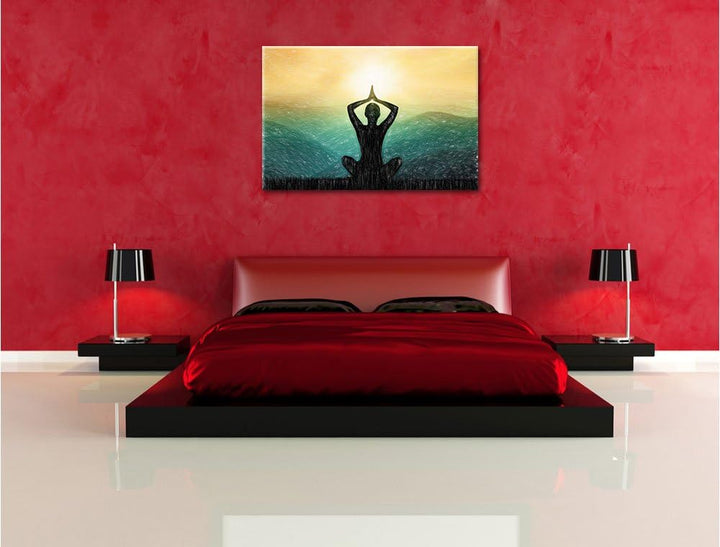 Pixxprint Yoga und Meditation in den Bergen Kunst Buntstift Effekt, Format: 100x70 auf Leinwand, 100