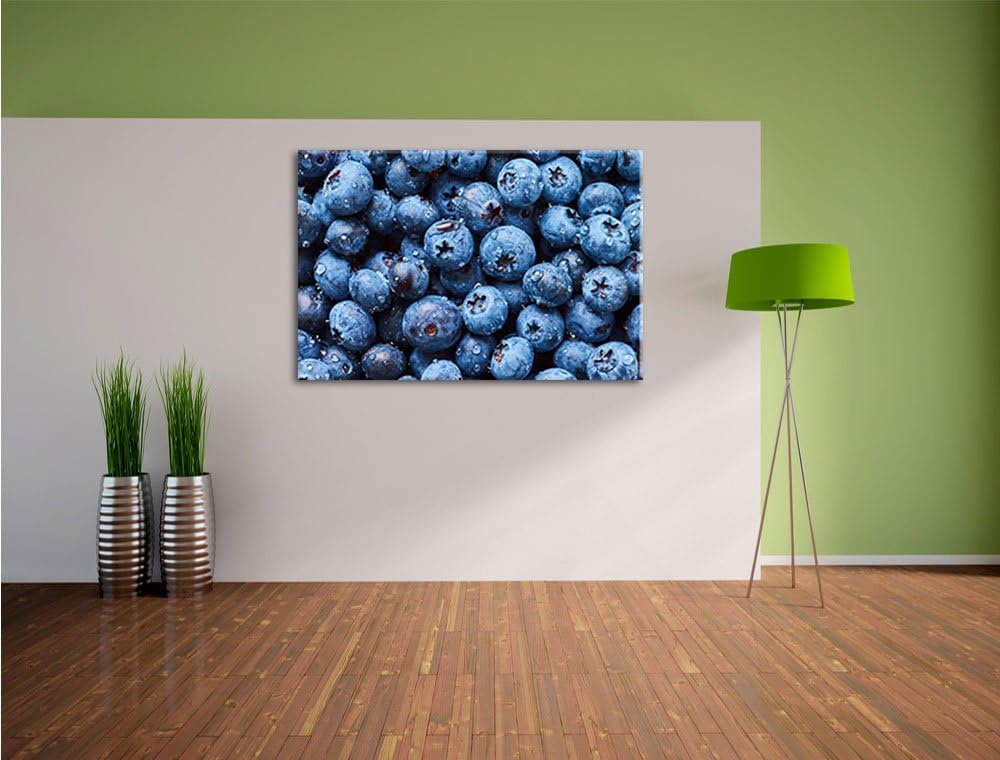 Pixxprint Blaubeeren mit Wassertropfen / 100x70cm Leinwandbild bespannt auf Holzrahmen/Wandbild Kuns