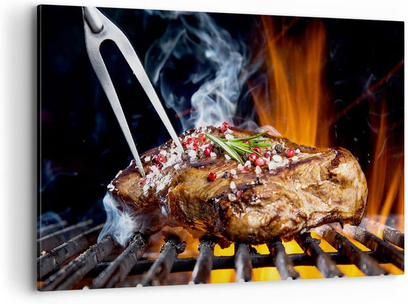 Bilder auf Leinwand 100x70cm Leinwandbild Steak Grill Flammen Essen Gross Wanddeko Bild Schlafzimmer