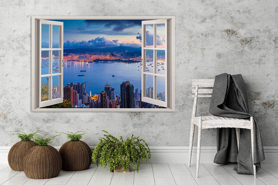 Feeby Vlies Leinwandbild Hongkong Bei Nacht Stadt 120x80 cm Wanddeko Design Kunstdruck Zimmerdeko Bi