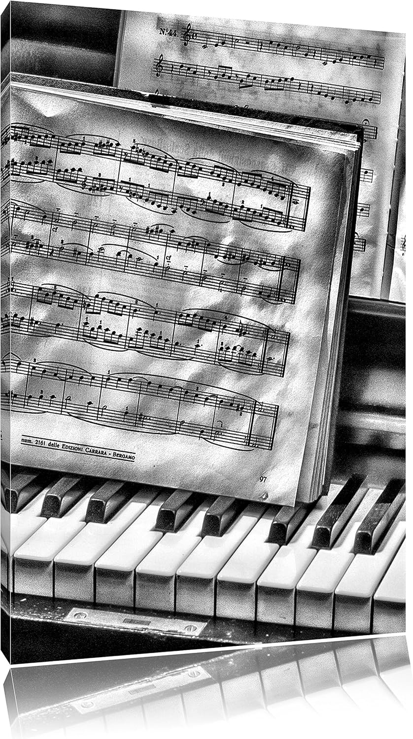 Pixxprint Klavier mit Notenblätter / 100x70cm Leinwandbild bespannt auf Holzrahmen/Wandbild Kunstdru